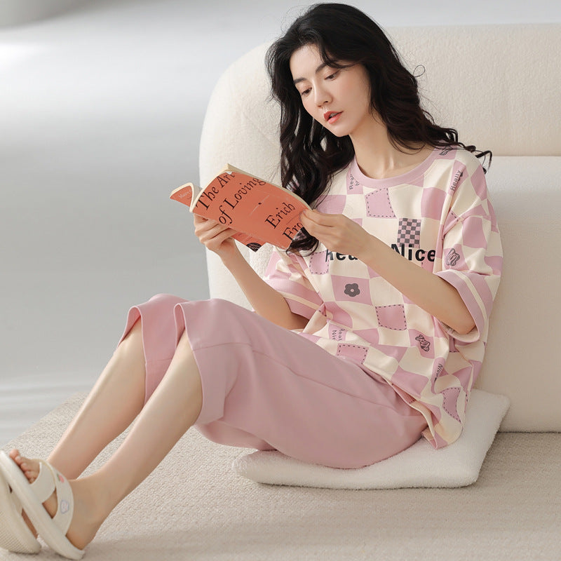 新款纯棉睡衣女夏季短袖七分裤韩版休闲夏天薄款可外穿家居服套装