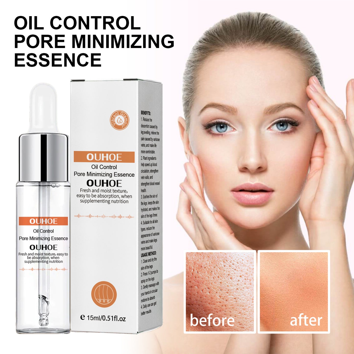 OUHOE Pore Repair Essence delicately brightens skin tone, shrinks pores, hydrates, moisturizes, and tightens skin.