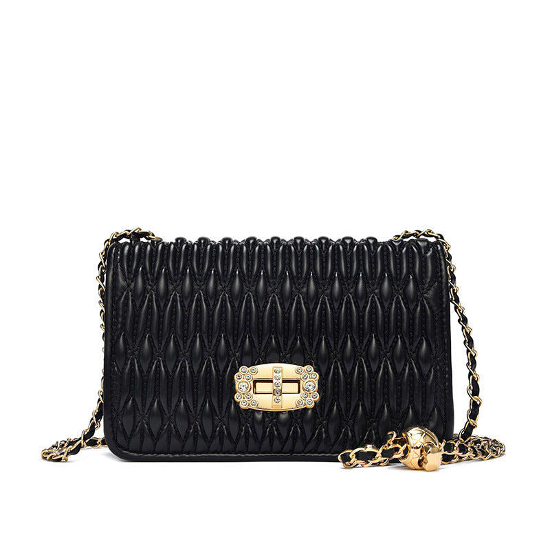 French bag 2023 Korean style pleated women's bag popular new fashion chain bag embroidery rhinestone small square bag