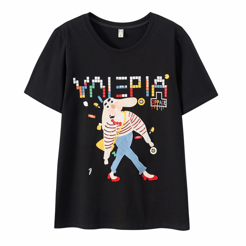 Summer new large size women's clothing fat sister casual loose thin embroidery short-sleeved round neck cotton T-shirt top 18085