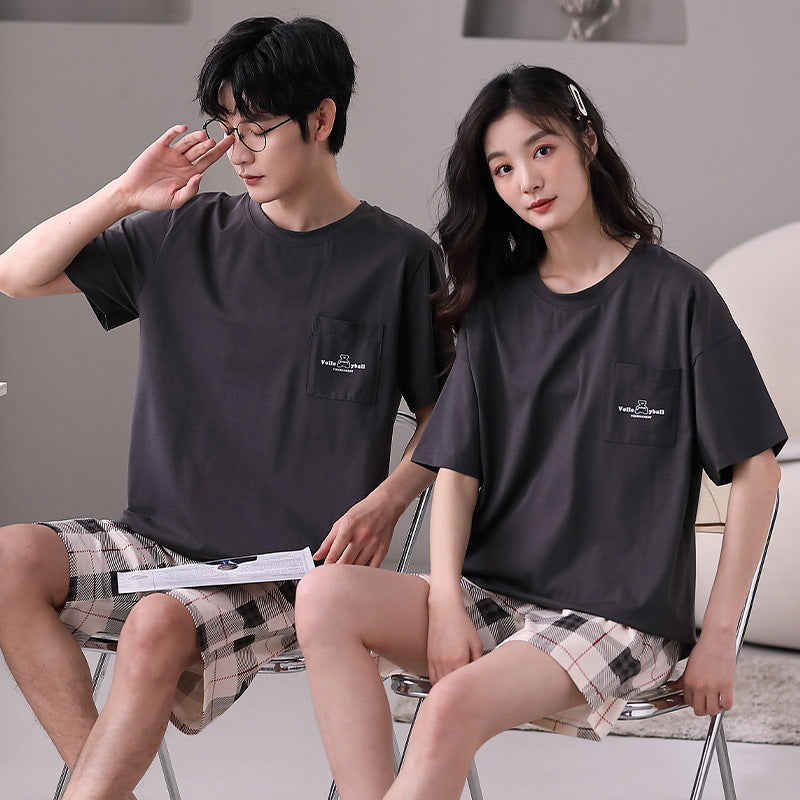 Summer short-sleeved couple pajamas women's simple high-grade cotton pullover shorts men's comfortable and wearable home service suits
