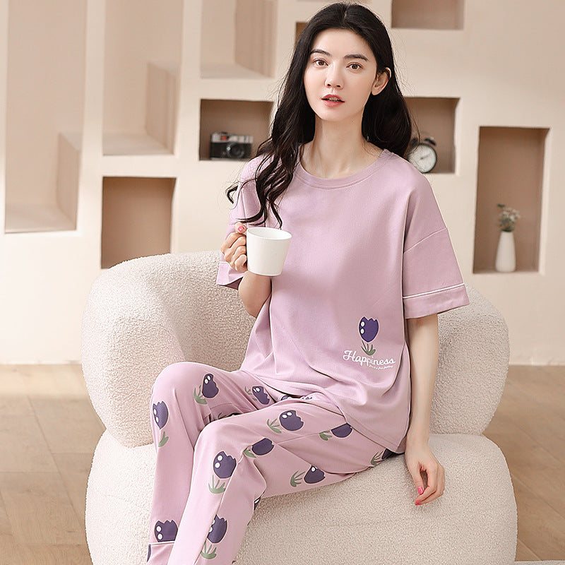 New 2023 summer pajamas women's pure cotton short-sleeved breathable sweet women's leisure can be worn outside home service suit thin