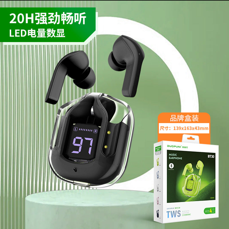佰通TWS小巧透明仓HIFI无损音质LED数显电量续航无线蓝牙5.2耳机