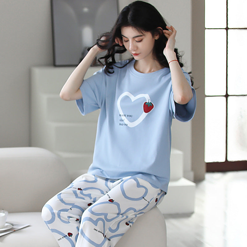 New 2023 summer pajamas women's pure cotton short-sleeved breathable sweet women's leisure can be worn outside home service suit thin