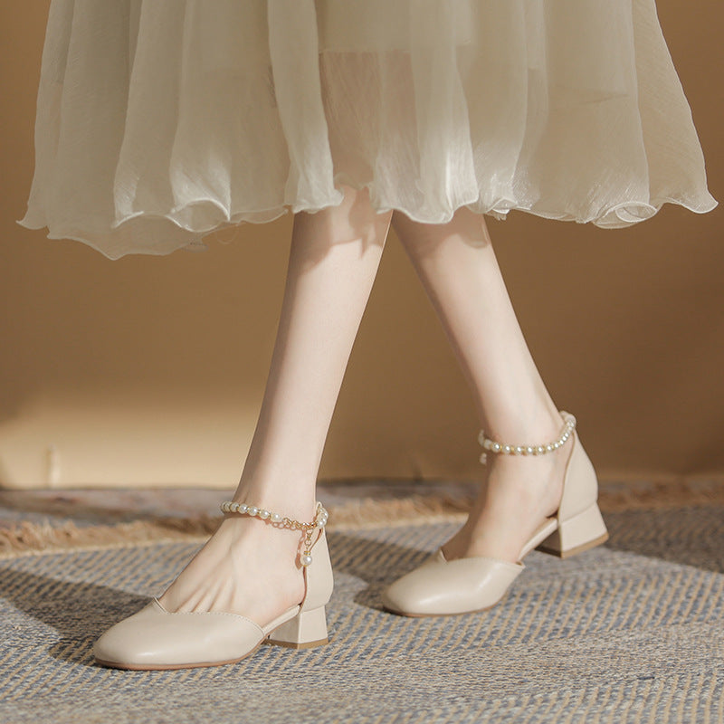 Women's 2024 summer new style all-match fairy style pearl French style mid-heel thick-heeled Mary Jane shoes