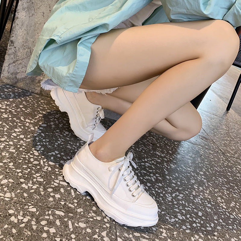 麦昆小白鞋 2023年新款 帆布低帮老爹鞋女厚底松糕系带运动鞋单鞋