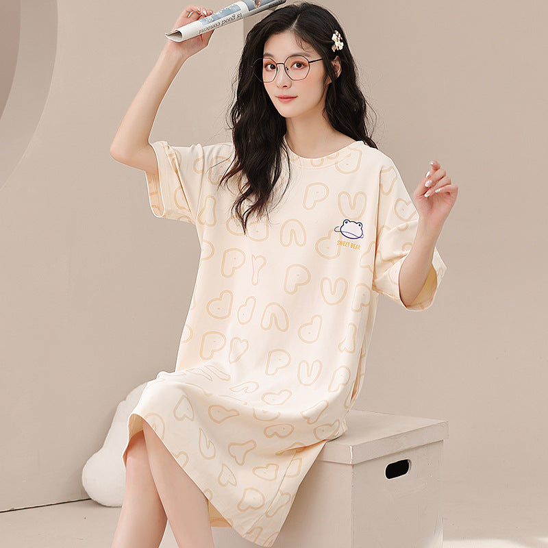 严选2023夏季睡裙女新款纯棉睡裙套头圆领可爱简约中长款家居服女