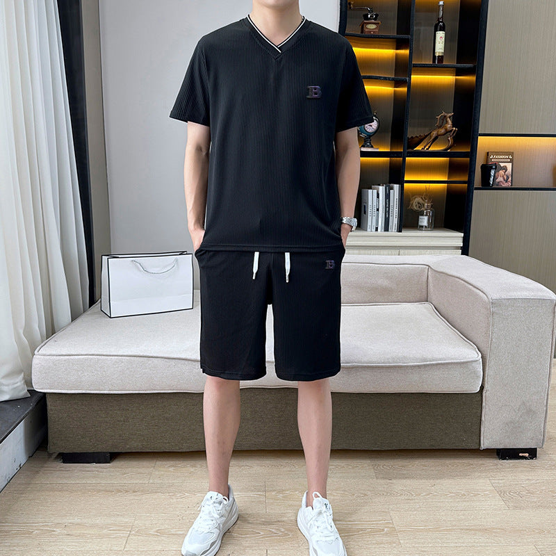 冰丝休闲运动套装男士夏季新款V领短袖t恤短裤潮牌男装搭配两件套