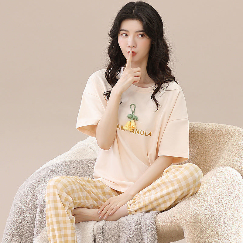 New 2023 summer pajamas women's pure cotton short-sleeved breathable sweet women's leisure can be worn outside home service suit thin
