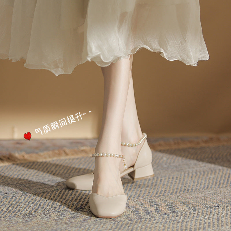 Women's 2024 summer new style all-match fairy style pearl French style mid-heel thick-heeled Mary Jane shoes