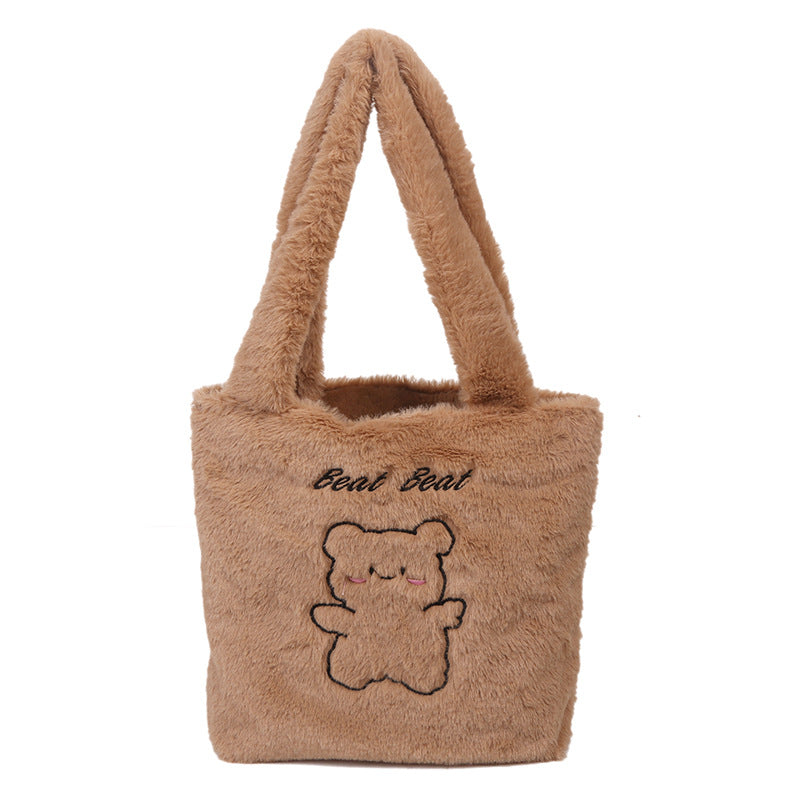 Autumn and winter new plush tote bag ins Japanese bear large capacity shoulder bag versatile student class hand bag