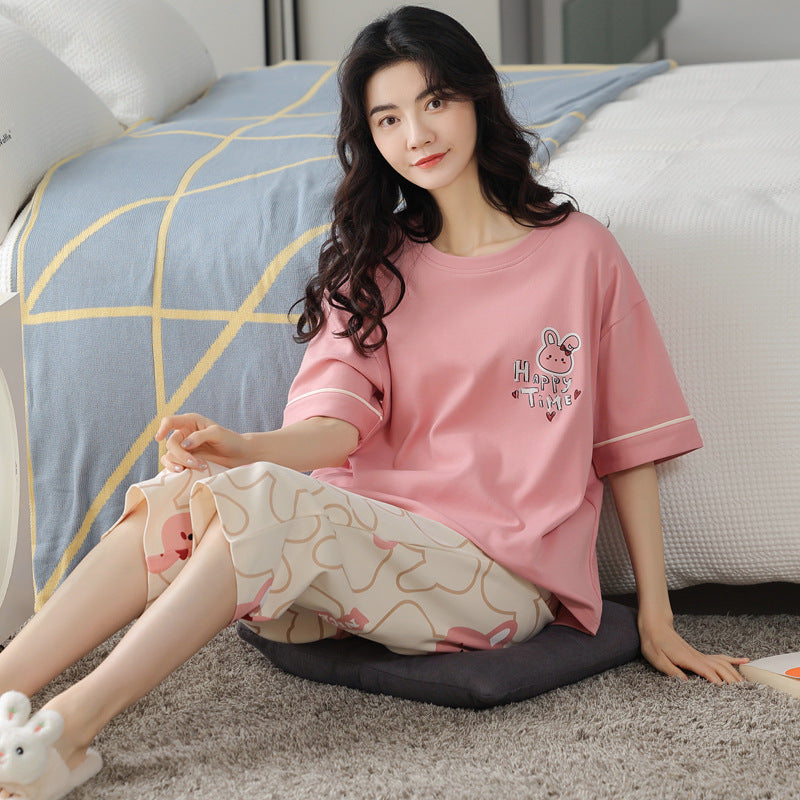 新款纯棉睡衣女夏季短袖七分裤韩版休闲夏天薄款可外穿家居服套装