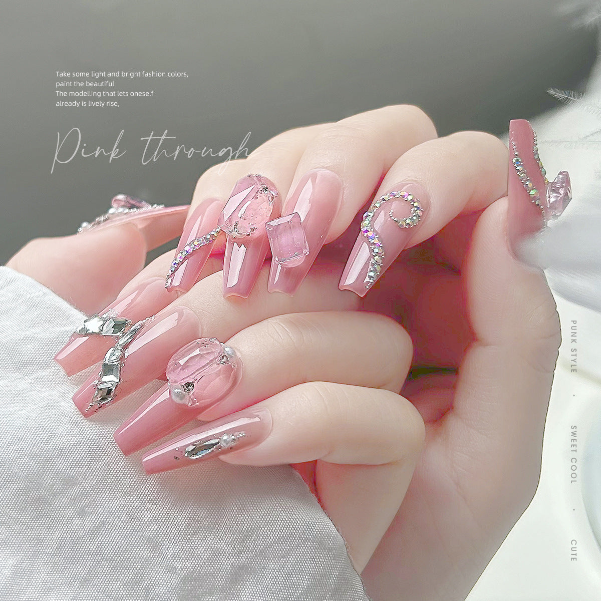 Nail art jewelry diamond wholesale see-through glacier pink pointed bottom diamond sparkling octagonal rock candy love ax nail accessories