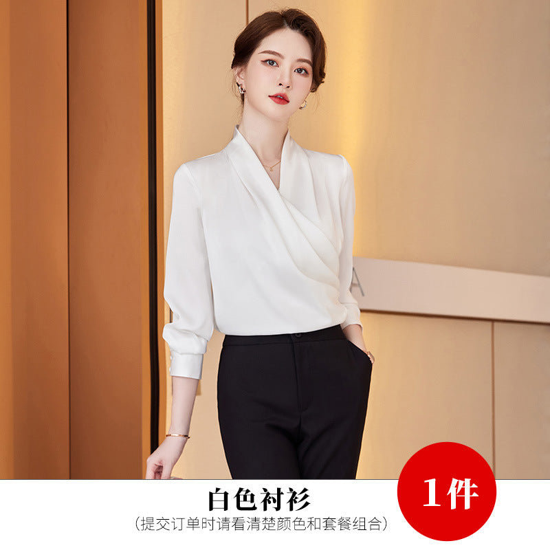 2022秋装新品长袖V领白衬衫女职业装缎面雪纺衫衬衣女上衣打底衫