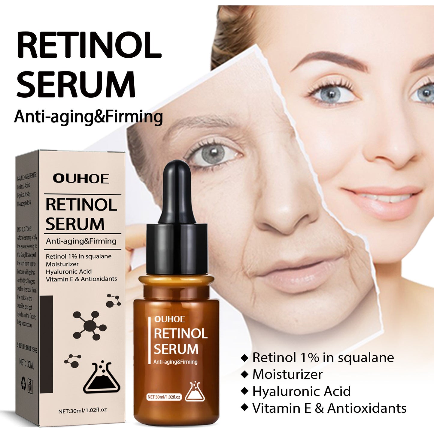 OUHOE Retinol Skin Beauty Essence, hydrating, rejuvenating, diluting dry and fine lines around the eyes, anti-dull, anti-wrinkle essence