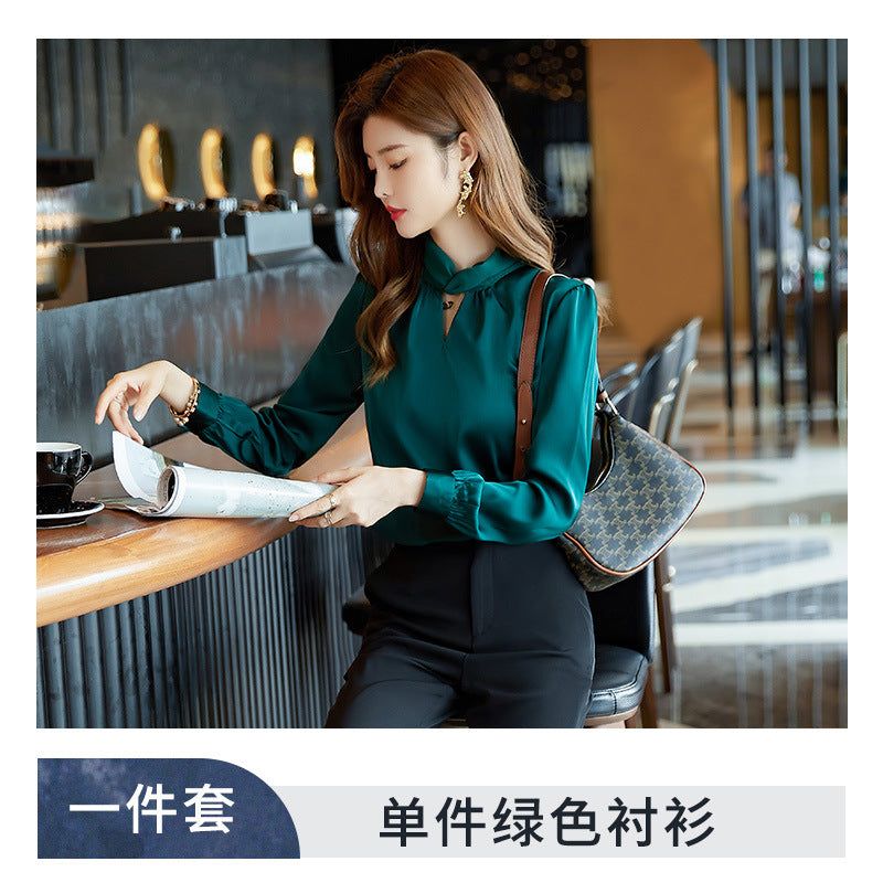 蓝色衬衫女春秋新款面试正装气质休闲雪纺法式长袖秋装白衬衣秋季