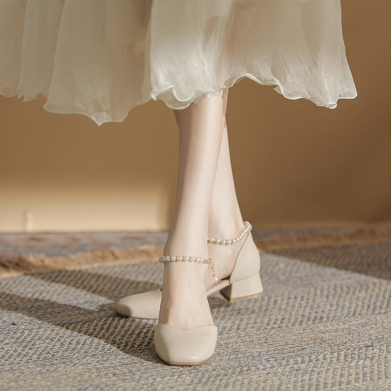 Women's 2024 summer new style all-match fairy style pearl French style mid-heel thick-heeled Mary Jane shoes