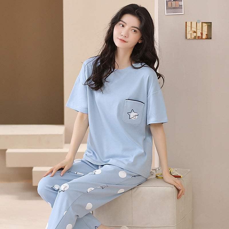 New 2023 summer pajamas women's pure cotton short-sleeved breathable sweet women's leisure can be worn outside home service suit thin