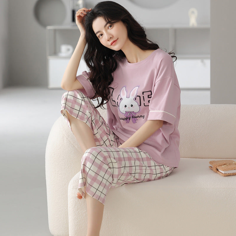 新款纯棉睡衣女夏季短袖七分裤韩版休闲夏天薄款可外穿家居服套装