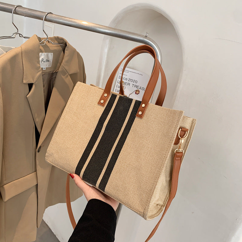 Korean style new women's portable briefcase professional commuting striped simple shoulder large bag large capacity canvas bag