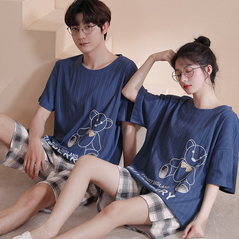 Summer couple pajamas female cute pullover short-sleeved knitted cotton casual men's shorts suit can be worn outside home clothes