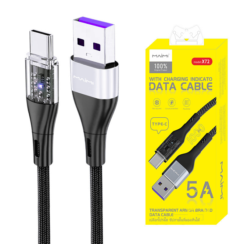 麦靡X72适用iPhone14安卓Type-C透明带灯金属智能编织1米5A快充线