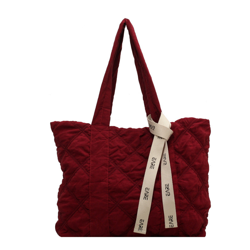 Space cotton tote bag for women 2023 new shoulder hand carry autumn and winter large bag rhombus cotton suit bag for women
