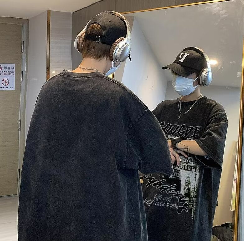 欧美高街复古水洗潮牌复古暗黑hiphop亚比风国潮ins五分短柚T侐男