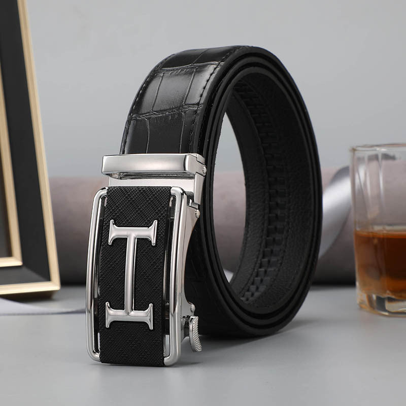 Belt men's genuine leather automatic buckle crocodile pattern business leisure belt men's young and middle-aged trendy trousers spot wholesale