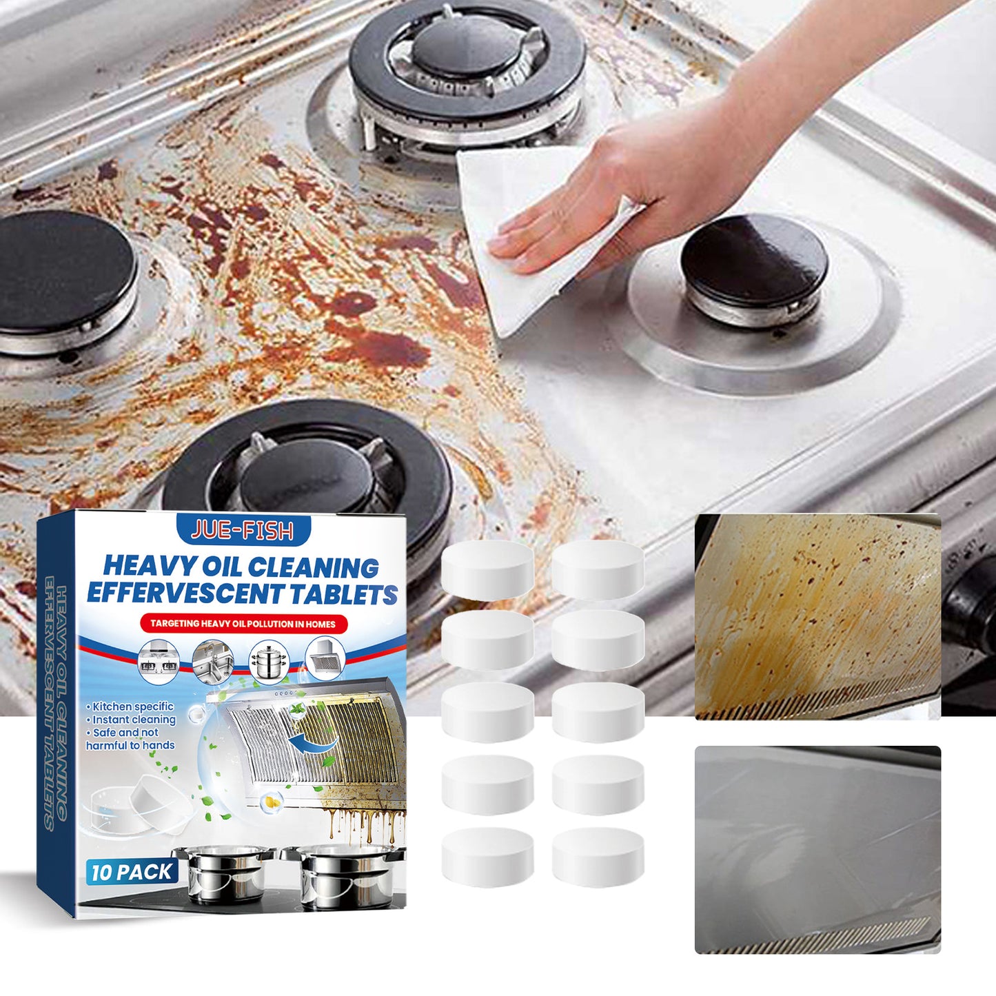 Jue-Fish Kitchen Cleaning Effervescent Tablets Kitchen Stove Range Hood Heavy Oil Dirt and Stains Cleaning Effervescent Tablets