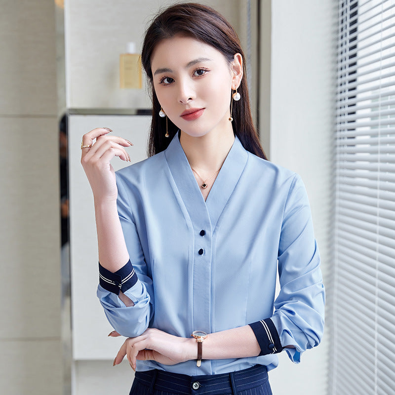 白衬衫女长袖V领打底衫2023新款正装工装工作服大码职业衬衣女ol