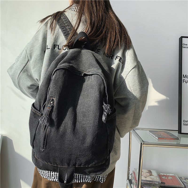 书包女2023新款大学生简约水洗牛仔帆布双肩包高中学生渐变色背包