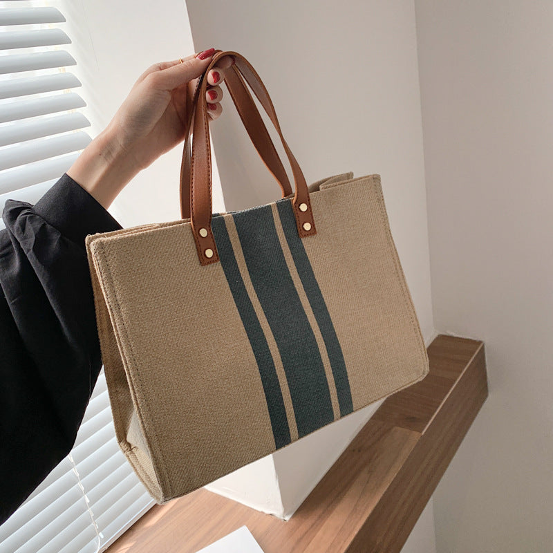 Korean style new women's portable briefcase professional commuting striped simple shoulder large bag large capacity canvas bag