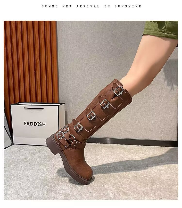 Axigo miu's leather thick-heeled Martin boots women's western cowboy boots women's retro tall belt buckle knight boots