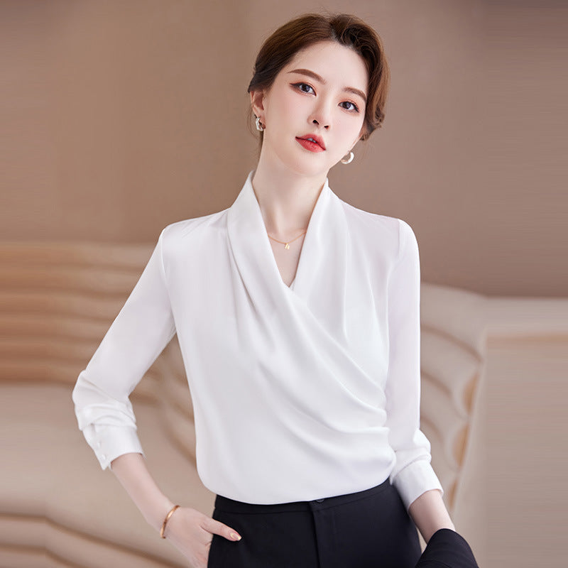 2022秋装新品长袖V领白衬衫女职业装缎面雪纺衫衬衣女上衣打底衫