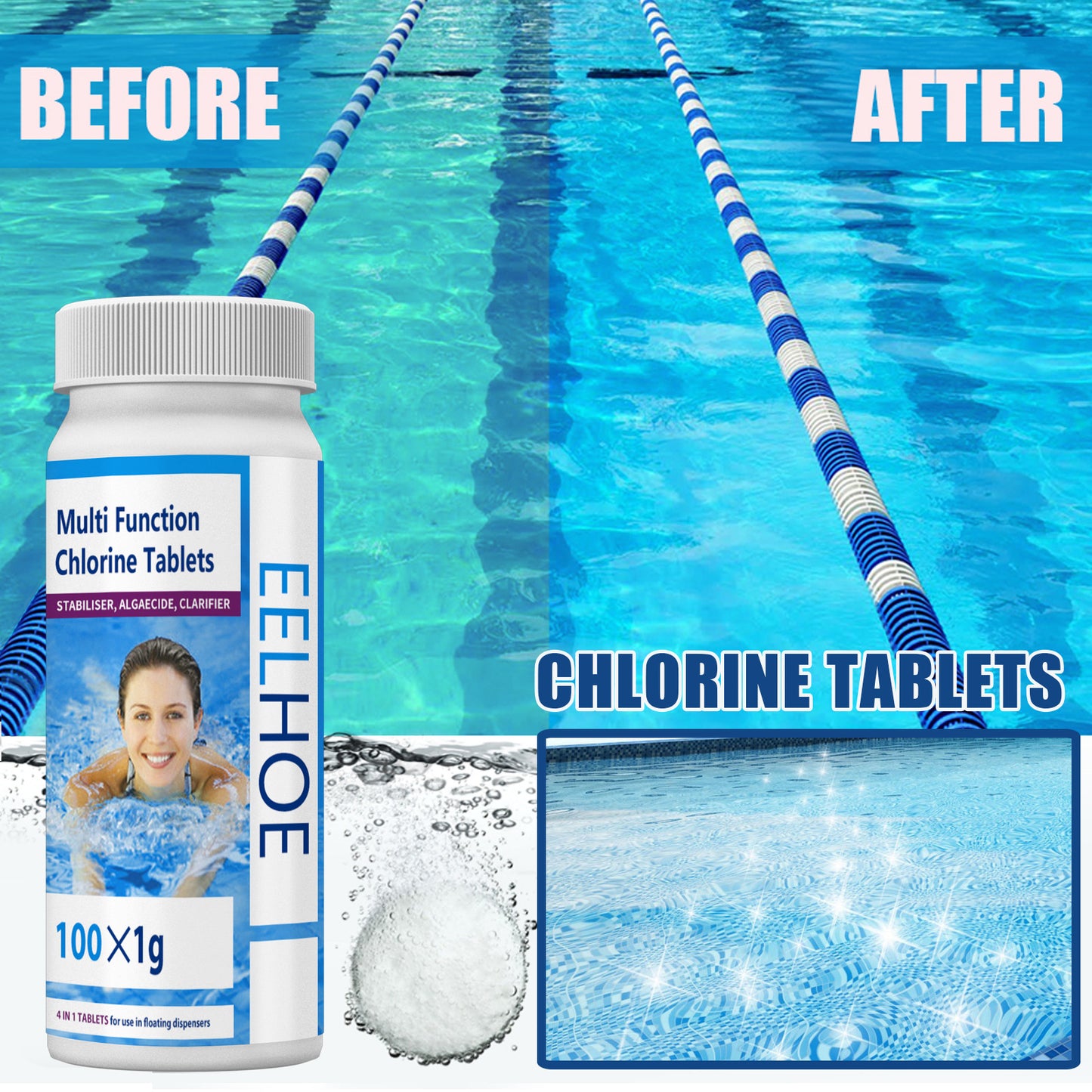 EELHOE swimming pool effervescent chlorine tablets water quality cleaning algaecide clean water effervescent tablets remove green water decontamination