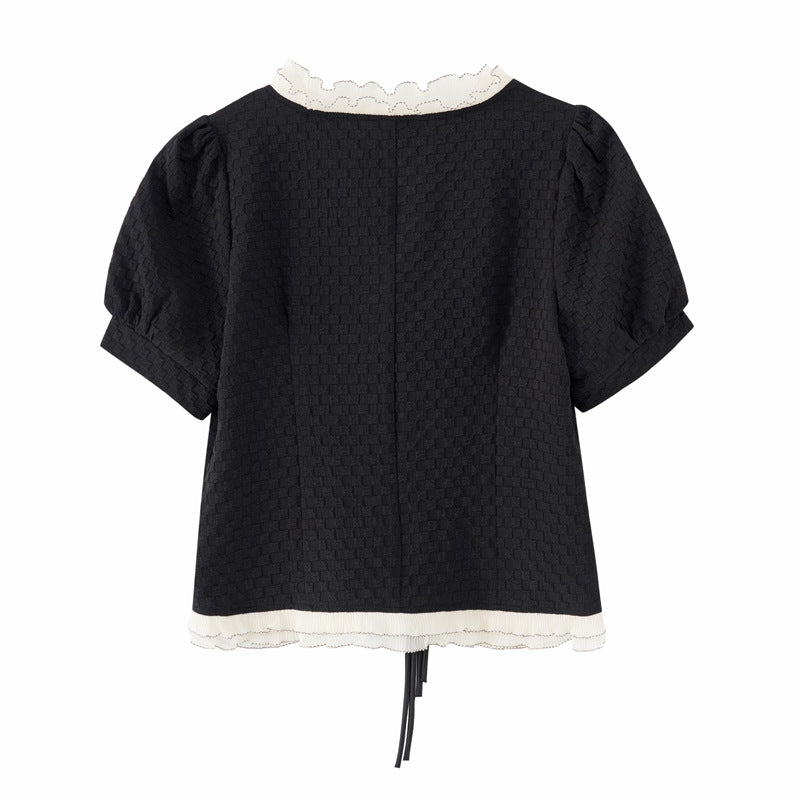 Large size women's fat mm new Chinese style retro buckle shirt 2023 summer new temperament commuter v-neck top 18235