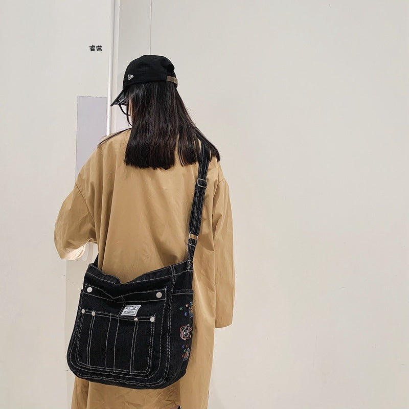 韩版百搭复古牛仔女包中古睿营大容量单肩通勤包学生上课包斜挎包