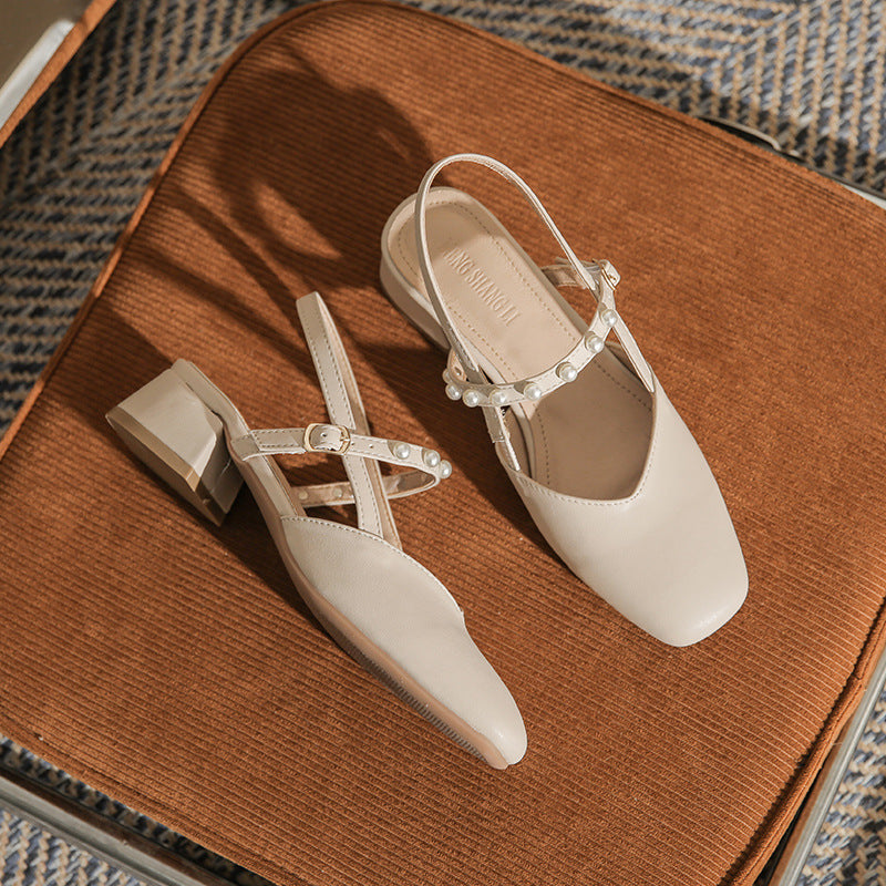 2023 new summer Baotou sandals women's chunky heel fairy style French pearl mid-heel temperament Mary Jane single shoes