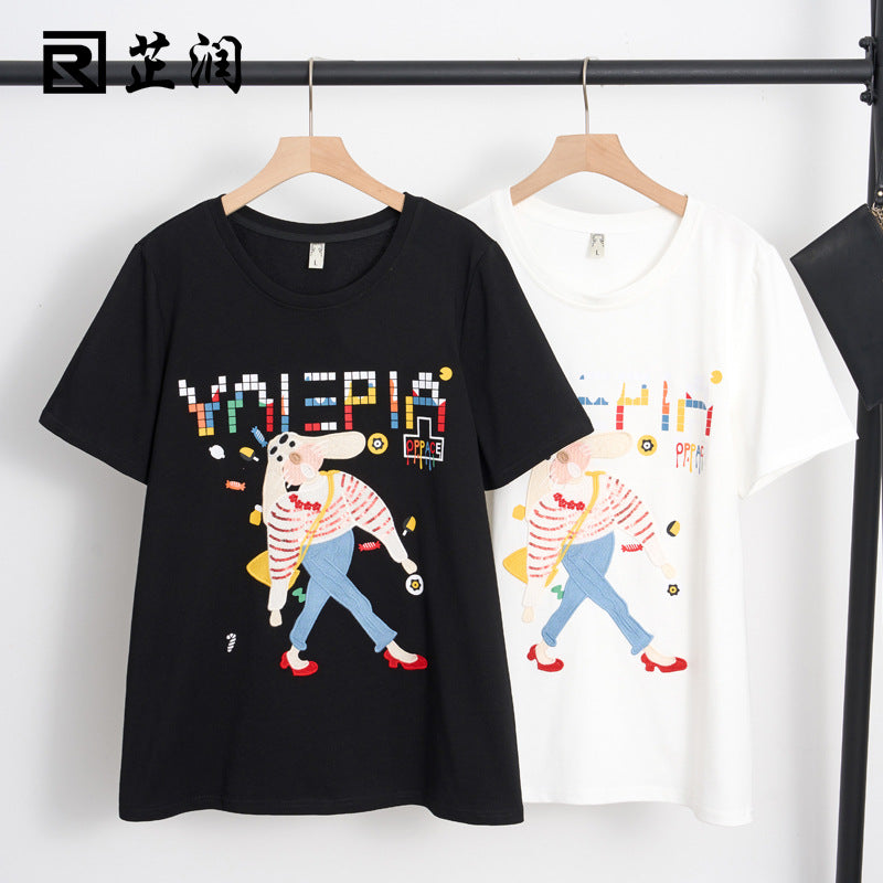Summer new large size women's clothing fat sister casual loose thin embroidery short-sleeved round neck cotton T-shirt top 18085