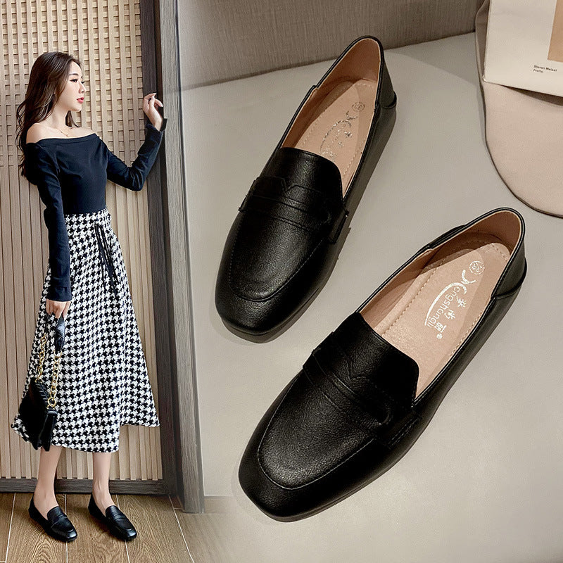 New women's 2024 new soft sole toad shoes fairy style evening shoes flat bottom British style square head slip-on loafers