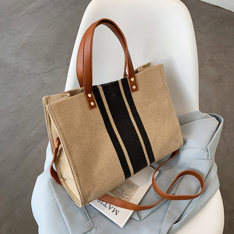 Korean style new women's portable briefcase professional commuting striped simple shoulder large bag large capacity canvas bag