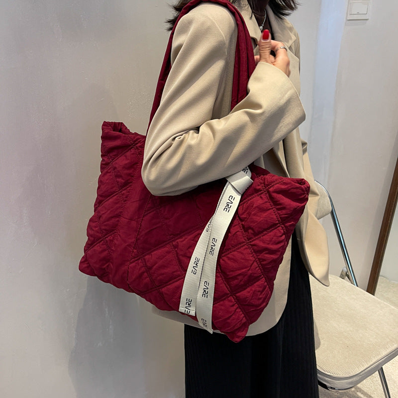 Space cotton tote bag for women 2023 new shoulder hand carry autumn and winter large bag rhombus cotton suit bag for women