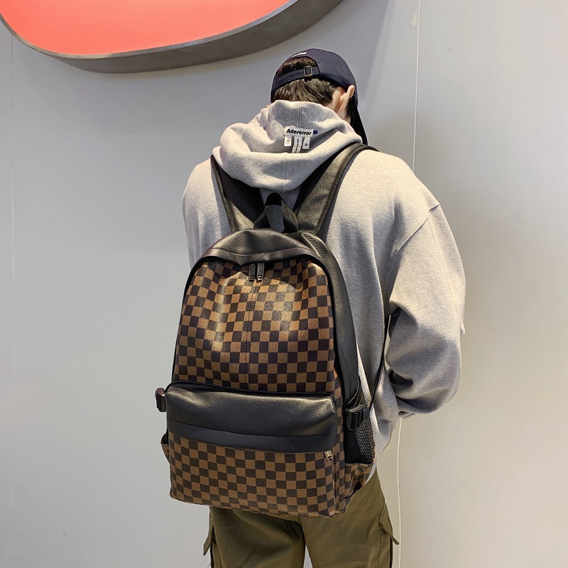双肩包男潮牌欧美时尚格子旅行背包潮流百搭皮质男生书包电脑包女