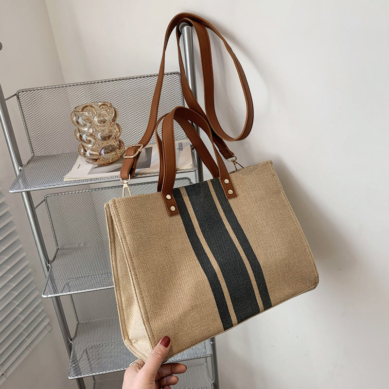 Korean style new women's portable briefcase professional commuting striped simple shoulder large bag large capacity canvas bag