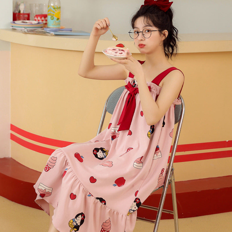 Summer cool suspender nightdress cute and sweet mid-length style with chest pad princess style students can wear home clothes