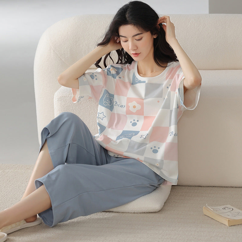 新款纯棉睡衣女夏季短袖七分裤韩版休闲夏天薄款可外穿家居服套装