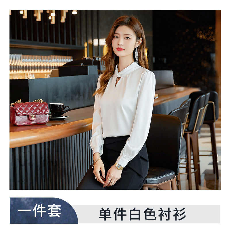 蓝色衬衫女春秋新款面试正装气质休闲雪纺法式长袖秋装白衬衣秋季