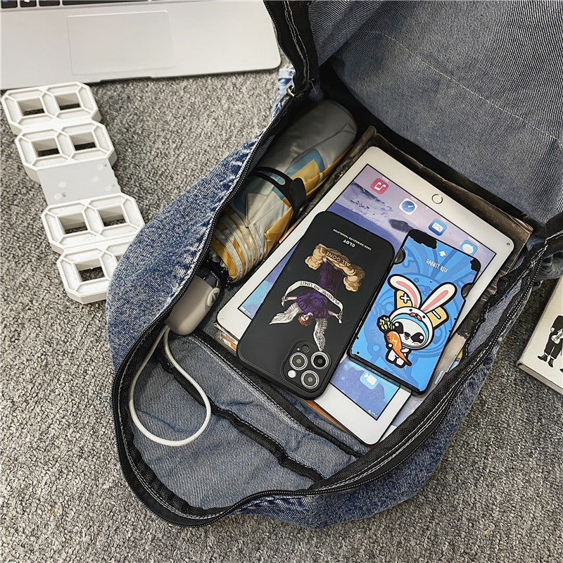 2023 New Harajuku ulzzang washed denim backpack trendy backpack large capacity high school student bag