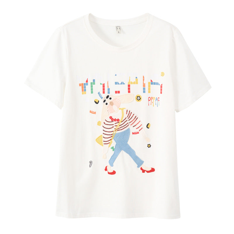 Summer new large size women's clothing fat sister casual loose thin embroidery short-sleeved round neck cotton T-shirt top 18085